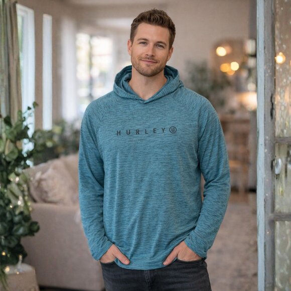 Hurley, Men’s Hooded Long Sleeve Shirt, Teal Lightweight Performance Hoodie, XL - Picture 1 of 8
